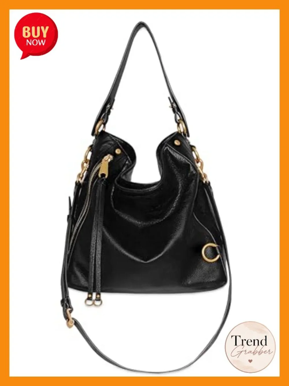 Genuine Leather Hobo Bag with Detachable Strap and Magnetic Closure